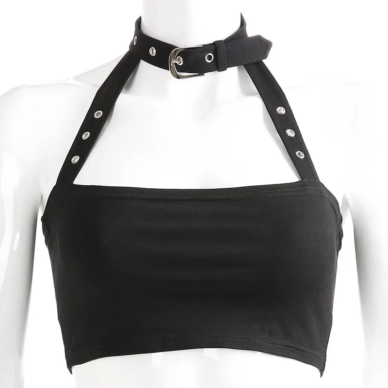 'Unstoppable' Black buckle halter neck top