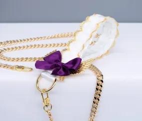 White Lace Plum Bow with Gold Wings  - Gold Leash