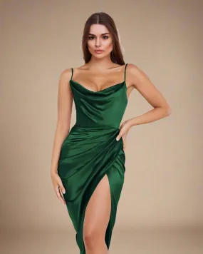 Willa Strappy Cowl Neck Emerald Green Satin Midi Dress