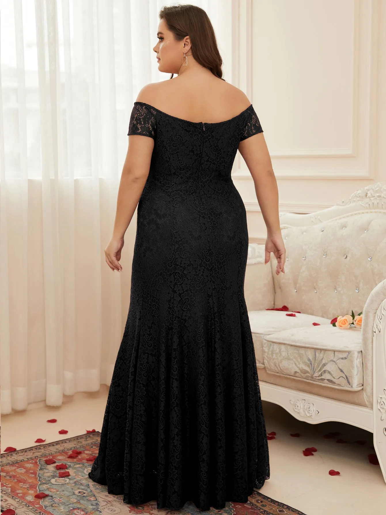 Women Plus Size Floral Lace Off the Shoulder Maxi Evening Dresses Floor Length Long Formal Evening Party Prom Gowns