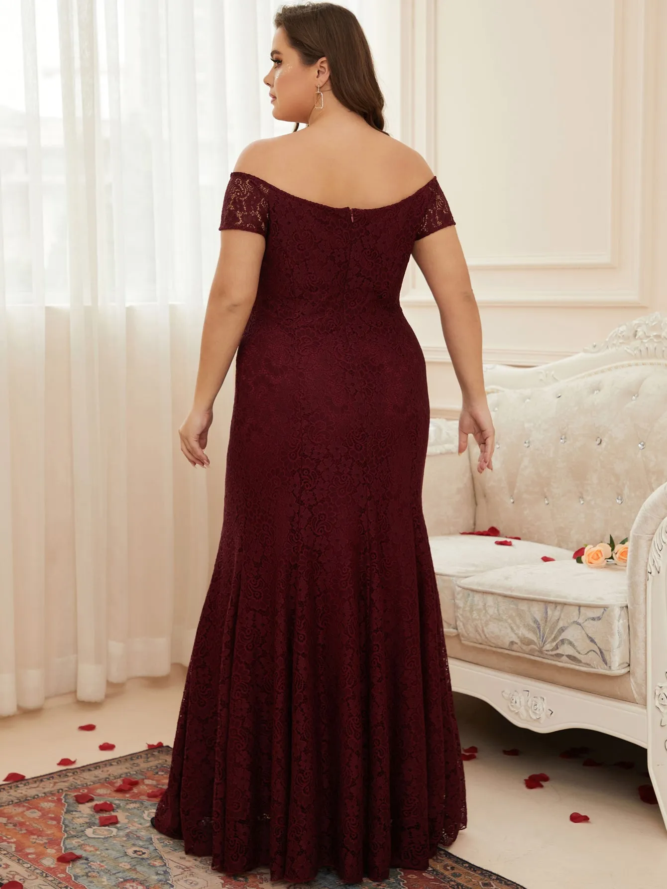 Women Plus Size Floral Lace Off the Shoulder Maxi Evening Dresses Floor Length Long Formal Evening Party Prom Gowns