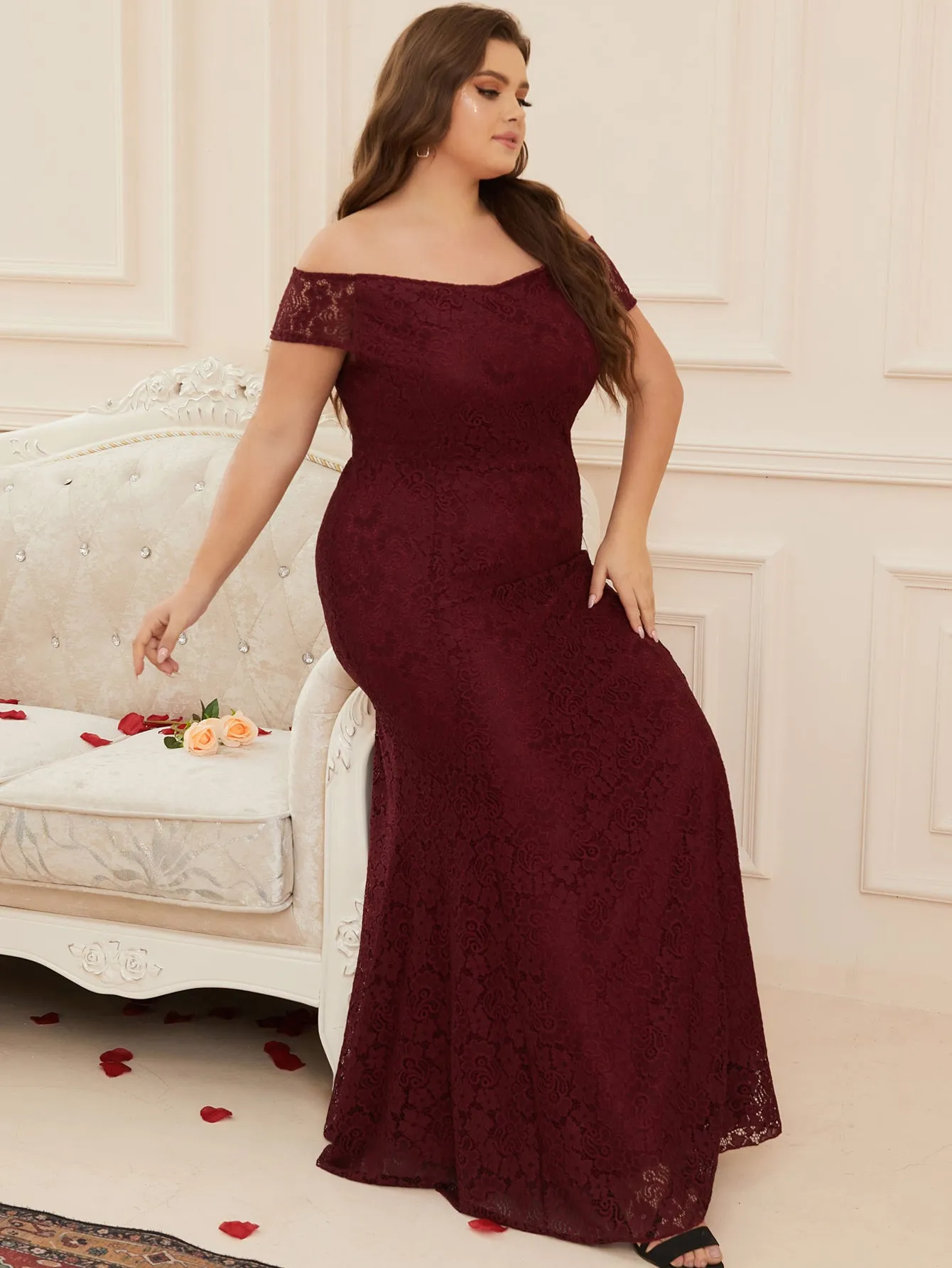 Women Plus Size Floral Lace Off the Shoulder Maxi Evening Dresses Floor Length Long Formal Evening Party Prom Gowns