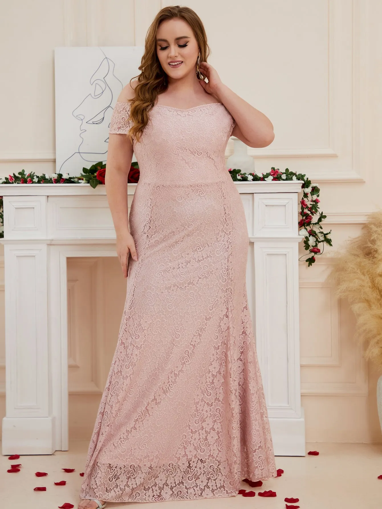 Women Plus Size Floral Lace Off the Shoulder Maxi Evening Dresses Floor Length Long Formal Evening Party Prom Gowns