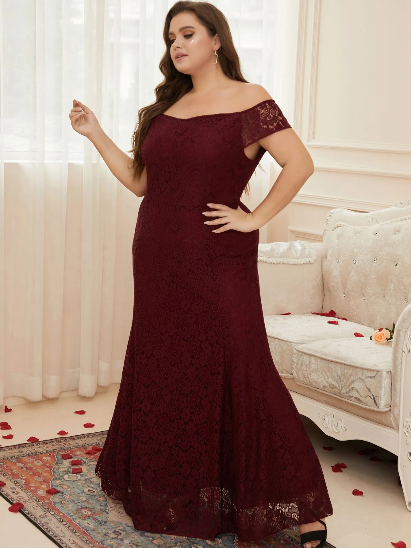 Women Plus Size Floral Lace Off the Shoulder Maxi Evening Dresses Floor Length Long Formal Evening Party Prom Gowns