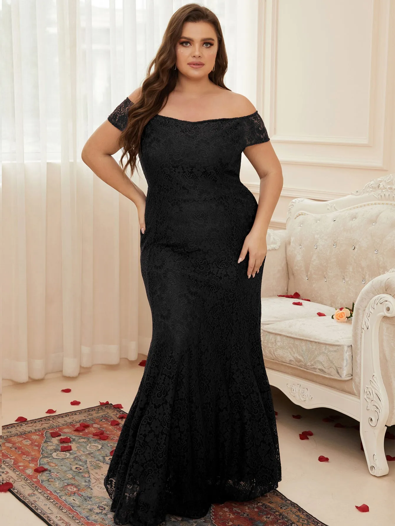 Women Plus Size Floral Lace Off the Shoulder Maxi Evening Dresses Floor Length Long Formal Evening Party Prom Gowns