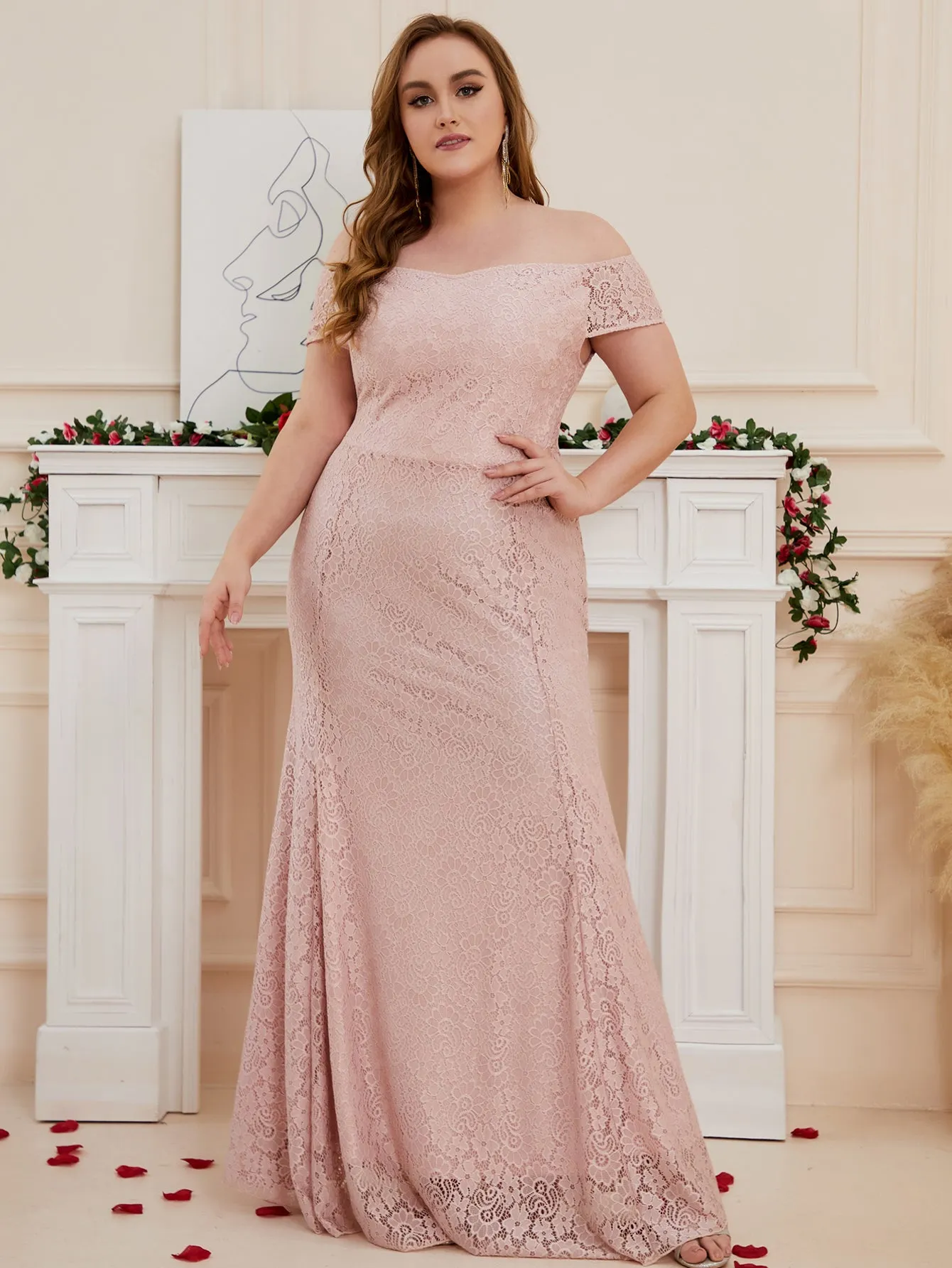 Women Plus Size Floral Lace Off the Shoulder Maxi Evening Dresses Floor Length Long Formal Evening Party Prom Gowns