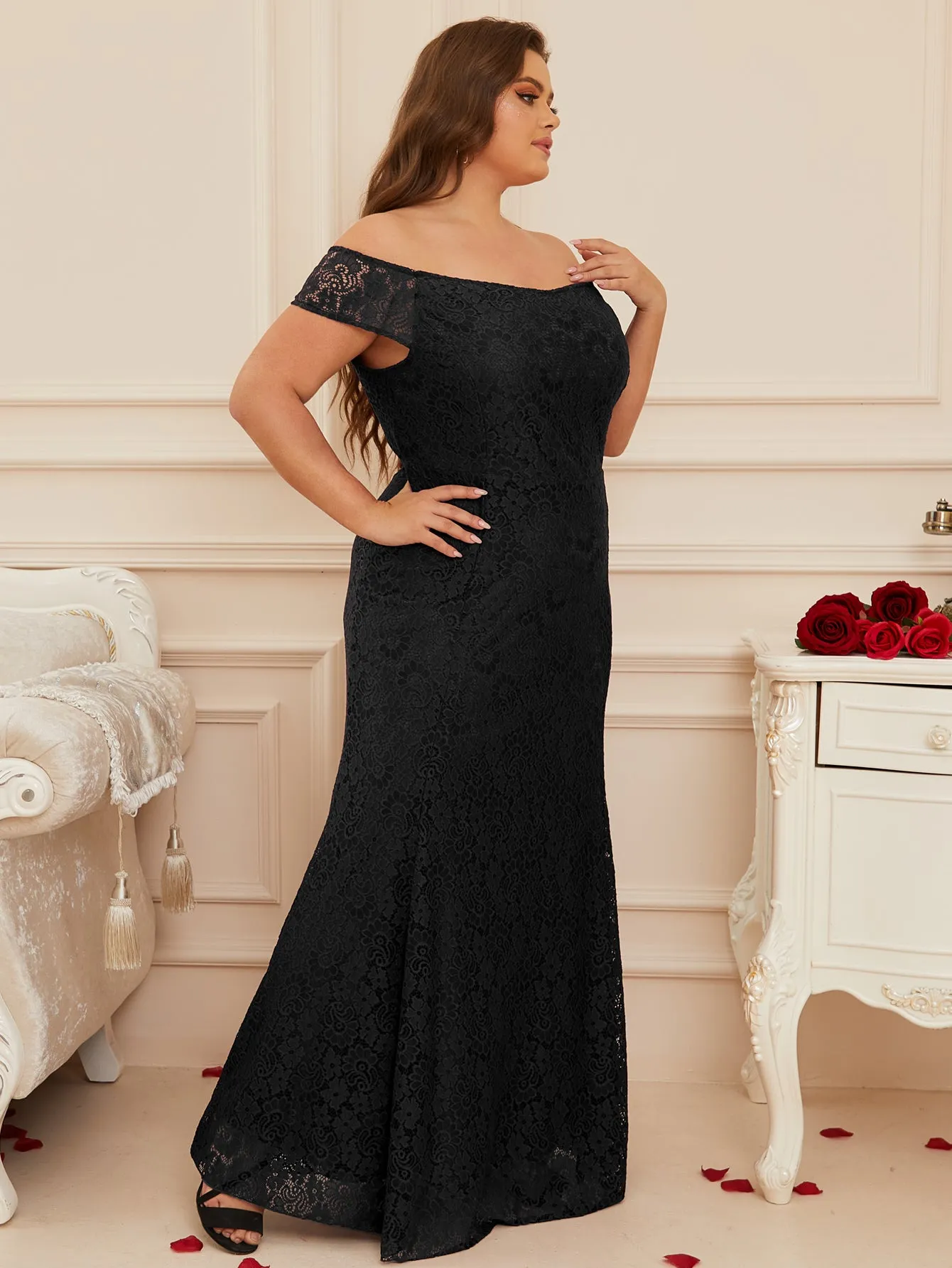 Women Plus Size Floral Lace Off the Shoulder Maxi Evening Dresses Floor Length Long Formal Evening Party Prom Gowns