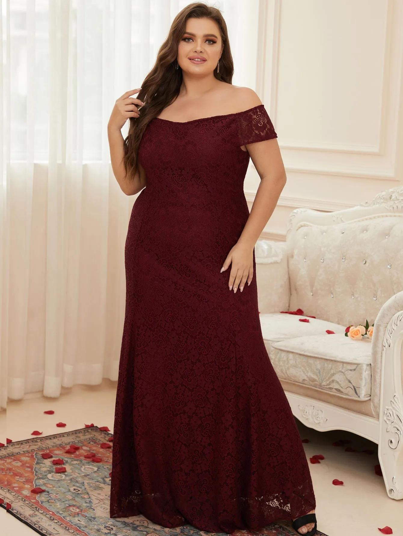 Women Plus Size Floral Lace Off the Shoulder Maxi Evening Dresses Floor Length Long Formal Evening Party Prom Gowns