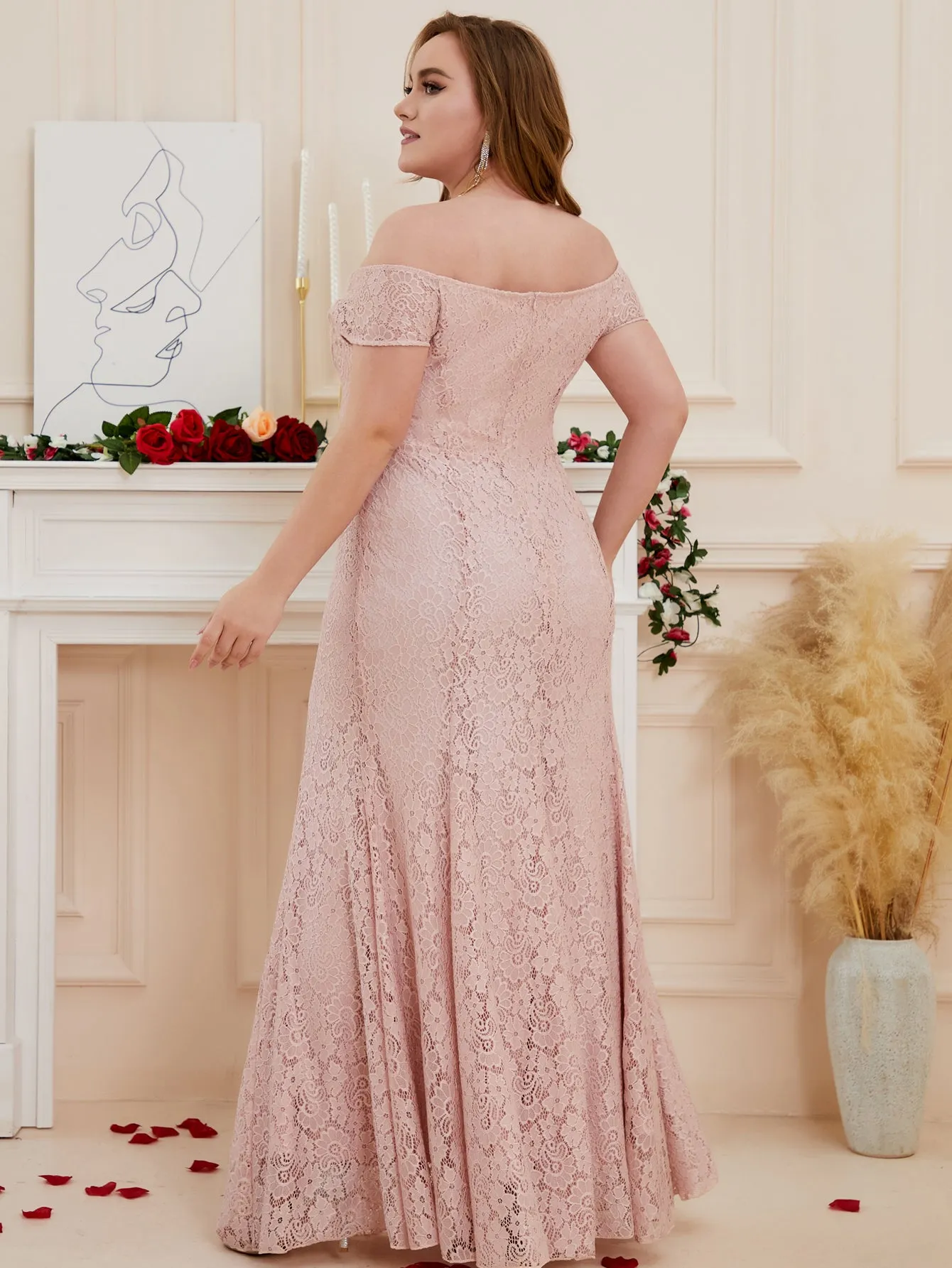 Women Plus Size Floral Lace Off the Shoulder Maxi Evening Dresses Floor Length Long Formal Evening Party Prom Gowns