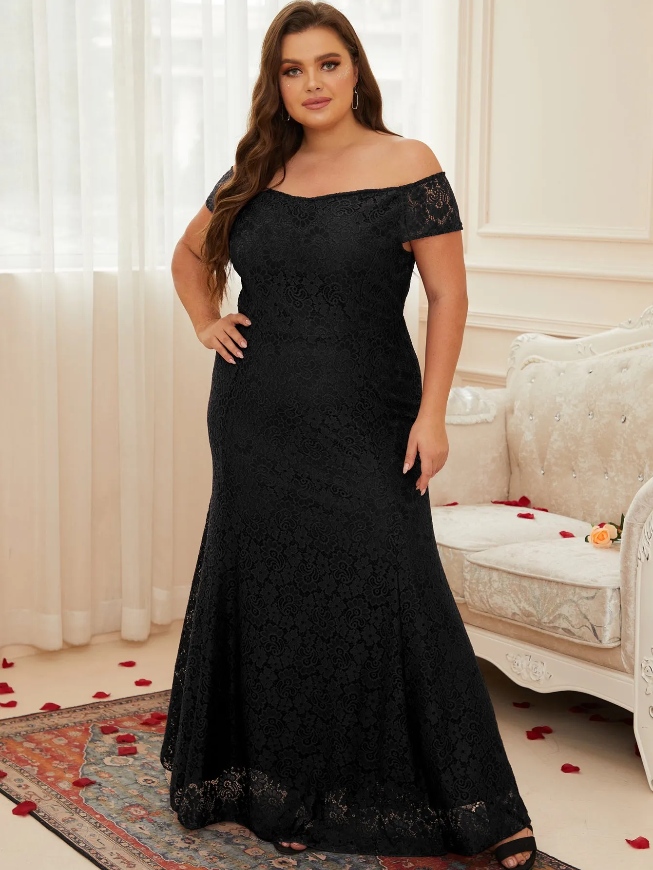 Women Plus Size Floral Lace Off the Shoulder Maxi Evening Dresses Floor Length Long Formal Evening Party Prom Gowns