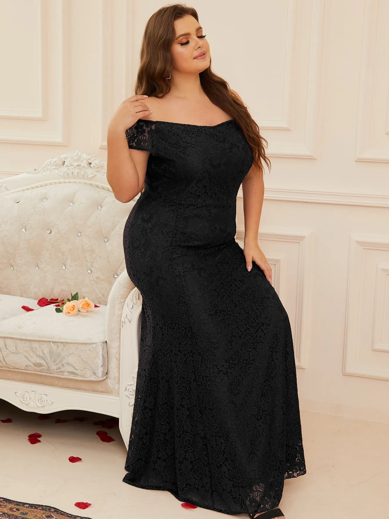 Women Plus Size Floral Lace Off the Shoulder Maxi Evening Dresses Floor Length Long Formal Evening Party Prom Gowns