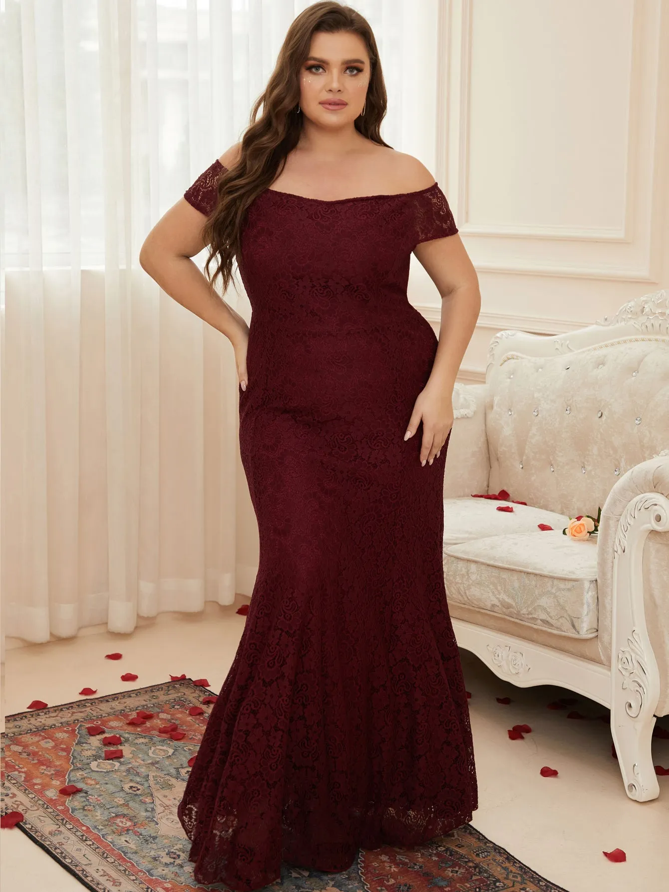 Women Plus Size Floral Lace Off the Shoulder Maxi Evening Dresses Floor Length Long Formal Evening Party Prom Gowns