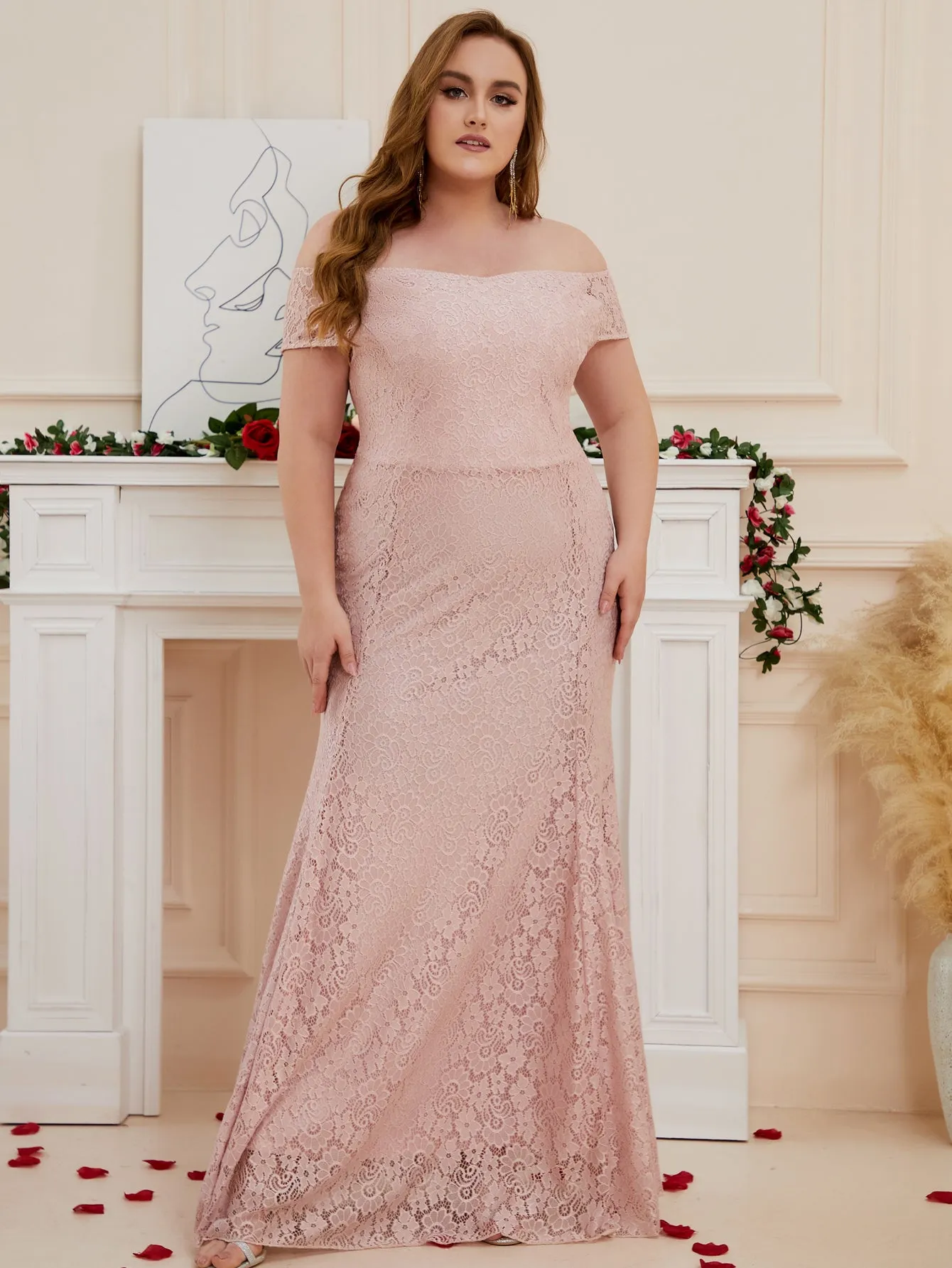 Women Plus Size Floral Lace Off the Shoulder Maxi Evening Dresses Floor Length Long Formal Evening Party Prom Gowns