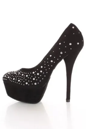 Yanilla-1 Black Faux Suede Rhinestone Detailed Pump Heels