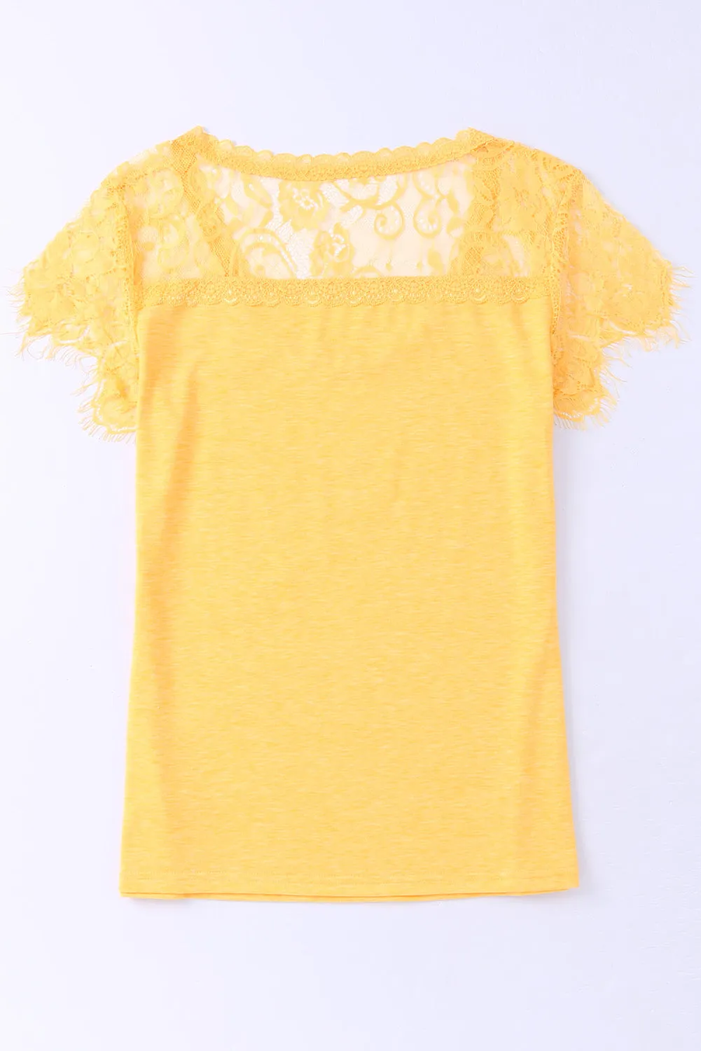 Yellow Lace Crochet Short Sleeve U Neck T Shirt